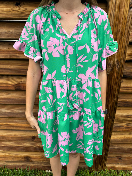 Gemma Green & Pink Tropical Floral Dress