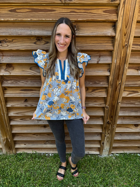 You Are Growing On Me Floral Blue & Mustard Blouse