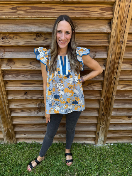 You Are Growing On Me Floral Blue & Mustard Blouse