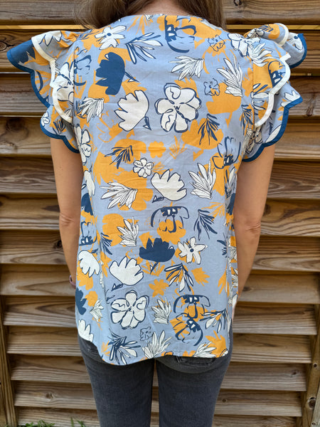 You Are Growing On Me Floral Blue & Mustard Blouse