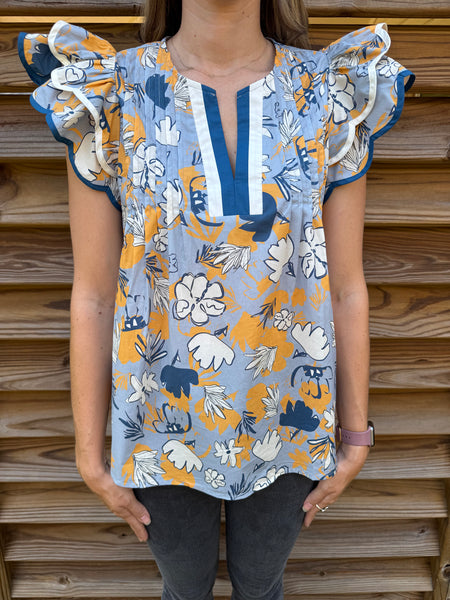 You Are Growing On Me Floral Blue & Mustard Blouse