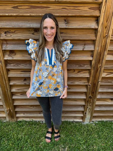 You Are Growing On Me Floral Blue & Mustard Blouse