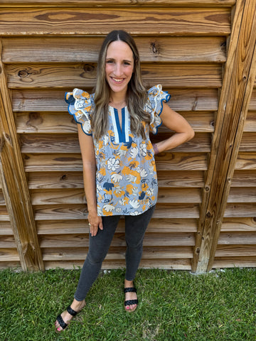 You Are Growing On Me Floral Blue & Mustard Blouse