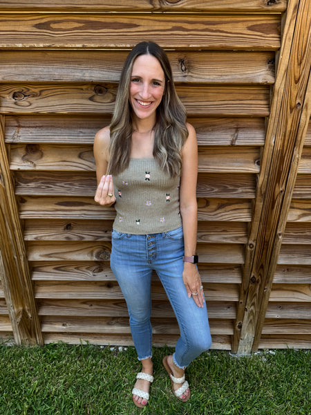 Full Bloom Floral Embroidered Ribbed Tank Top