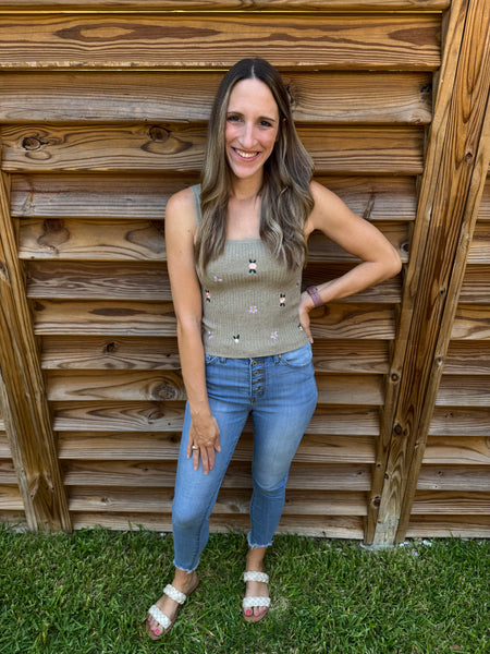 Full Bloom Floral Embroidered Ribbed Tank Top