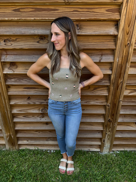 Full Bloom Floral Embroidered Ribbed Tank Top