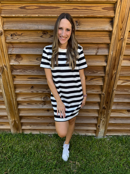 Black & White Button Detailed Striped T-Shirt Dress