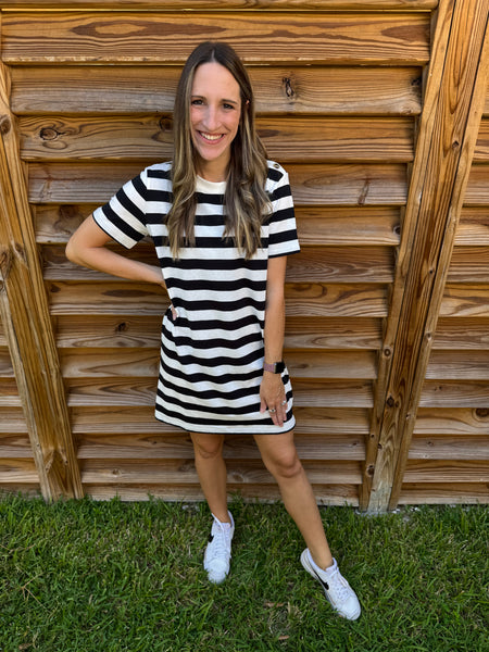 Black & White Button Detailed Striped T-Shirt Dress