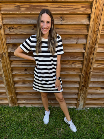 Black & White Button Detailed Striped T-Shirt Dress