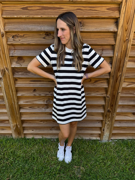 Black & White Button Detailed Striped T-Shirt Dress