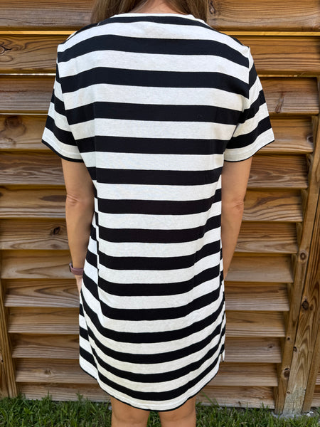 Black & White Button Detailed Striped T-Shirt Dress