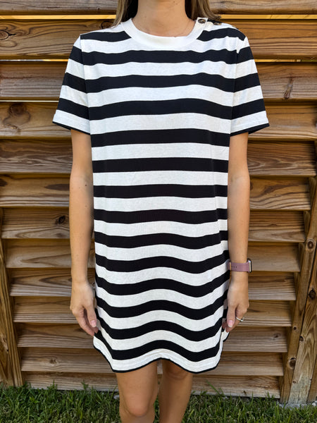 Black & White Button Detailed Striped T-Shirt Dress