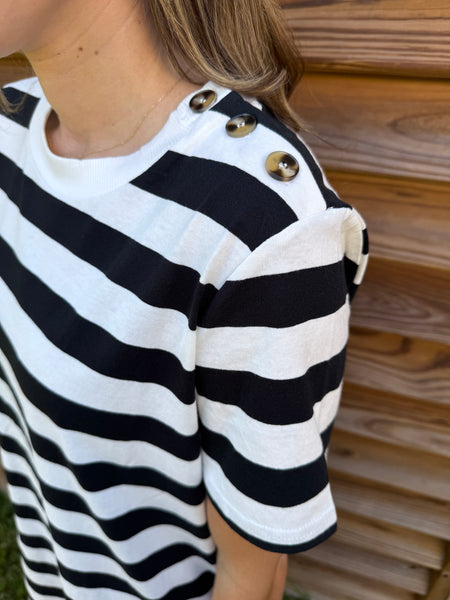 Black & White Button Detailed Striped T-Shirt Dress