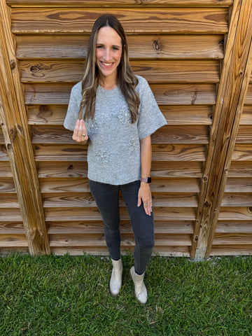 Pearly Girl Grey Short Sleeve Sweater Top
