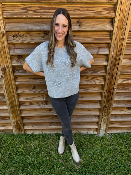 Pearly Girl Grey Short Sleeve Sweater Top