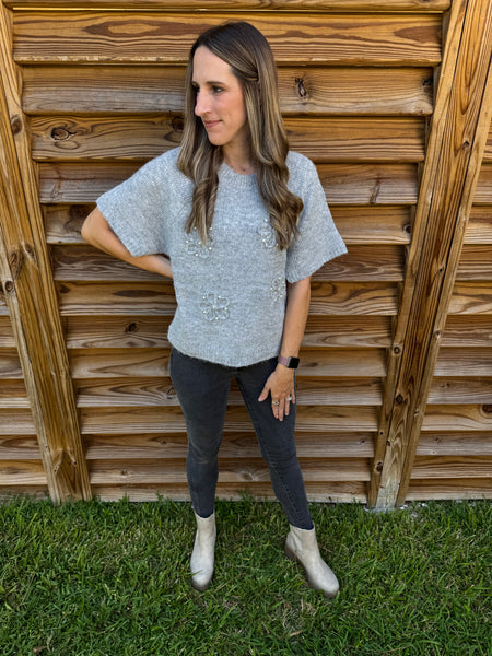 Pearly Girl Grey Short Sleeve Sweater Top