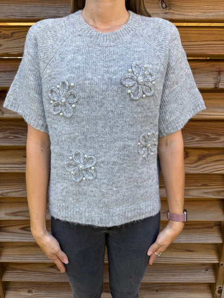 Pearly Girl Grey Short Sleeve Sweater Top