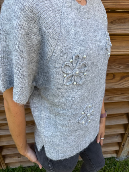 Pearly Girl Grey Short Sleeve Sweater Top