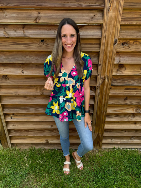 Navy & Yellow Floral Babydoll Tiered Blouse