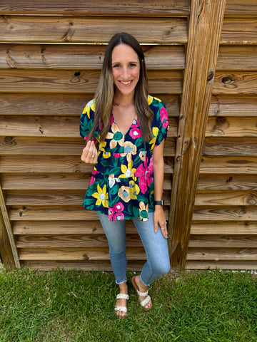 Navy & Yellow Floral Babydoll Tiered Blouse