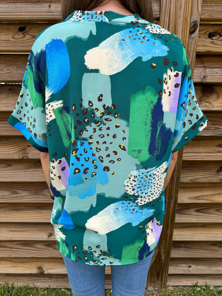 Leopard Teal Mix Dolman Short Sleeve Top
