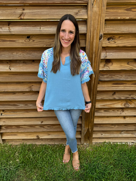 Baby Blue Linen and Fringed Blouse