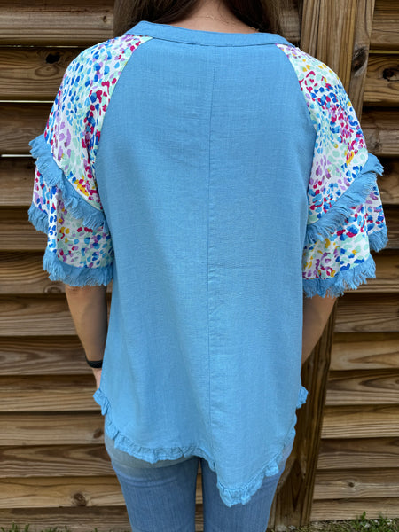 Baby Blue Linen and Fringed Blouse