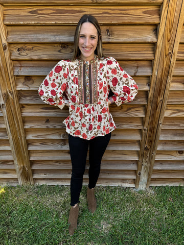 Flower Blossoms Rust & Beige Long Sleeve Blouse