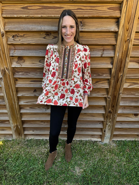 Flower Blossoms Rust & Beige Long Sleeve Blouse