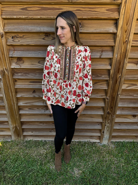 Flower Blossoms Rust & Beige Long Sleeve Blouse