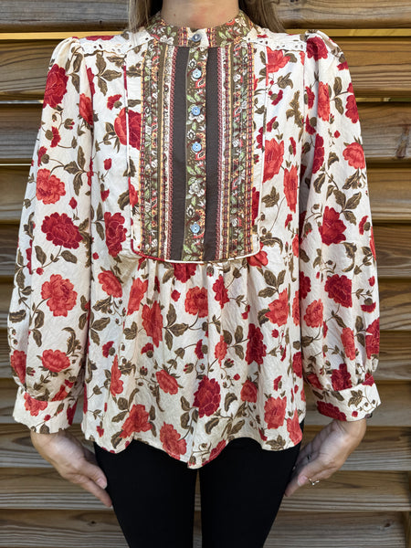 Flower Blossoms Rust & Beige Long Sleeve Blouse