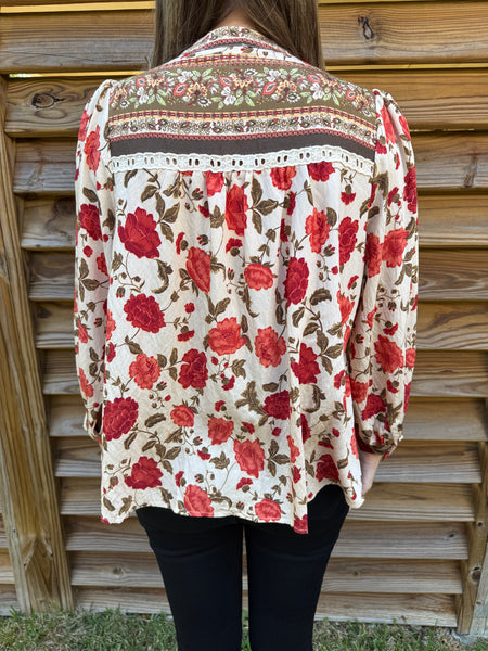 Flower Blossoms Rust & Beige Long Sleeve Blouse