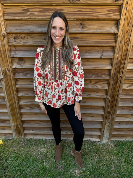 Flower Blossoms Rust & Beige Long Sleeve Blouse