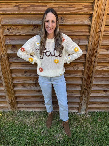 Flowers & Fall Stitched Oatmeal Sweater