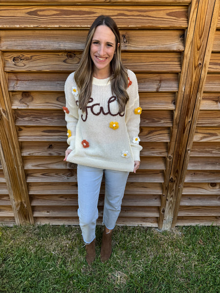 Flowers & Fall Stitched Oatmeal Sweater
