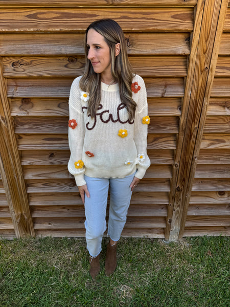 Flowers & Fall Stitched Oatmeal Sweater