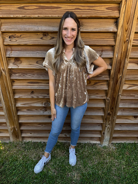 Crushed Velvet Tan Pleated Blouse