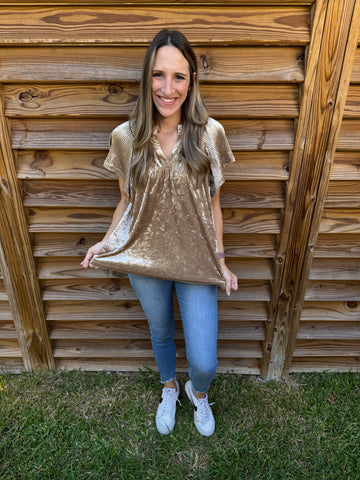 Crushed Velvet Tan Pleated Blouse