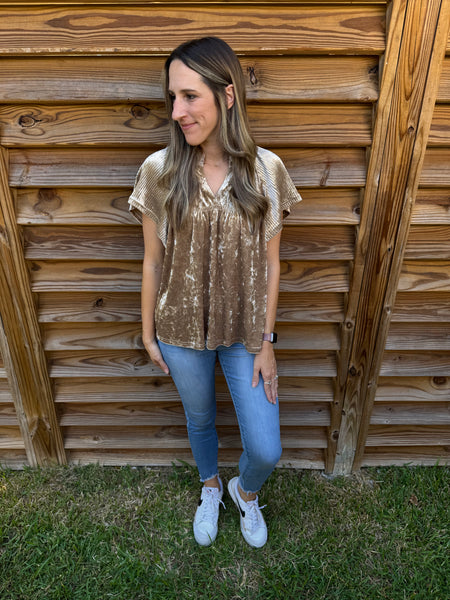 Crushed Velvet Tan Pleated Blouse