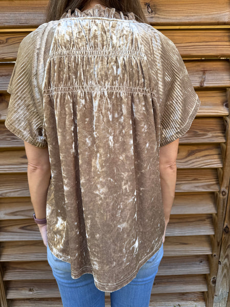 Crushed Velvet Tan Pleated Blouse