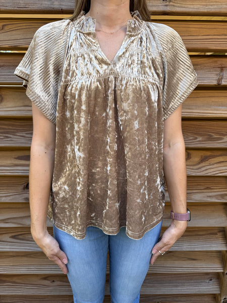 Crushed Velvet Tan Pleated Blouse
