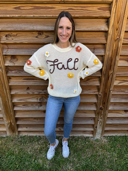 Flowers & Fall Stitched Oatmeal Sweater
