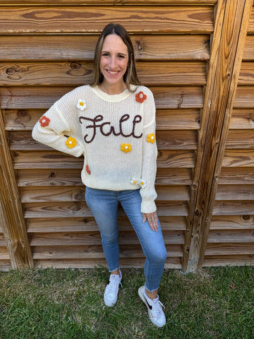 Flowers & Fall Stitched Oatmeal Sweater