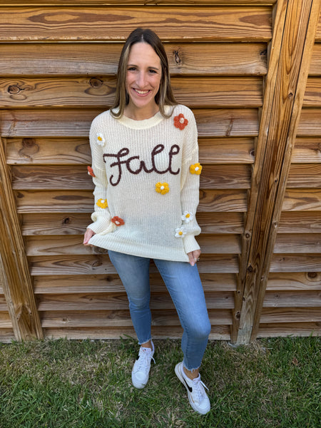 Flowers & Fall Stitched Oatmeal Sweater