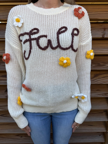 Flowers & Fall Stitched Oatmeal Sweater
