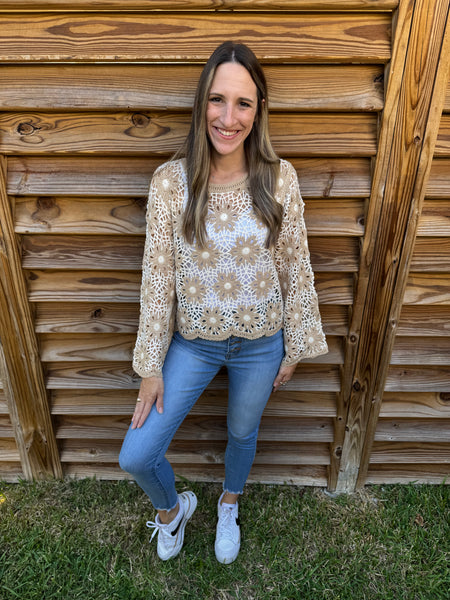 Flower Crochet Latte Knit Sweater Top
