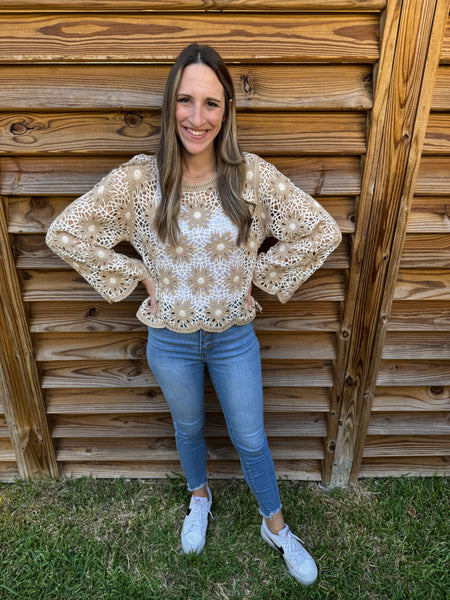 Flower Crochet Latte Knit Sweater Top
