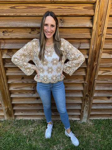 Flower Crochet Latte Knit Sweater Top