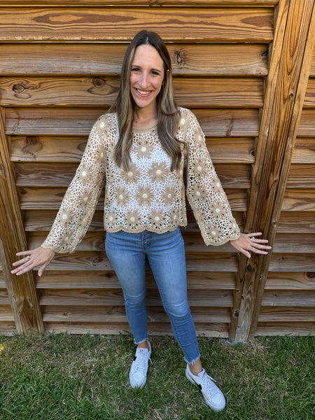 Flower Crochet Latte Knit Sweater Top