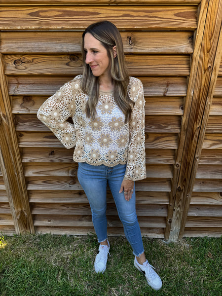 Flower Crochet Latte Knit Sweater Top